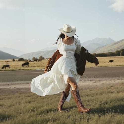 Erocalli Spring Cowgirl Boots Women Brown Knee-high Western Cowboy Boot - Exquisite Embroidery, Snip Toe, Pull On, Wide Calf, Tall Cowgirl Boots, Chunky Heel, Comfortable, All-Day Wear, Outdoor - Thumbnail 2