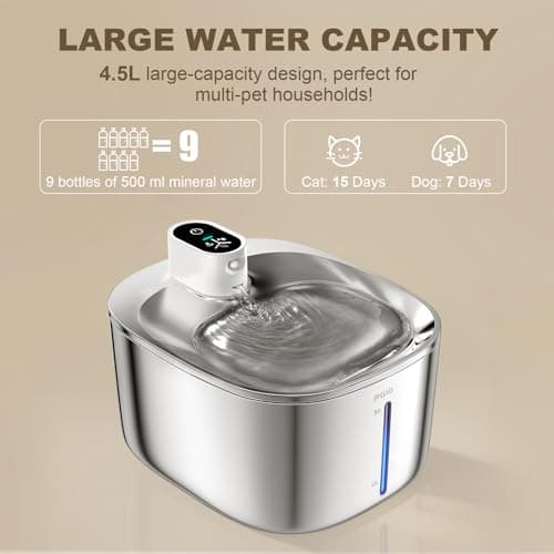 PGID Wireless Cat Water Fountain Stainless Steel,4.5L Cordless Pet Fountains for Dringking,4000mah Battery Operated Cat Water Pountain,Automatic Dog Dispenser w Pet Hair Remover Gloves - Thumbnail 5