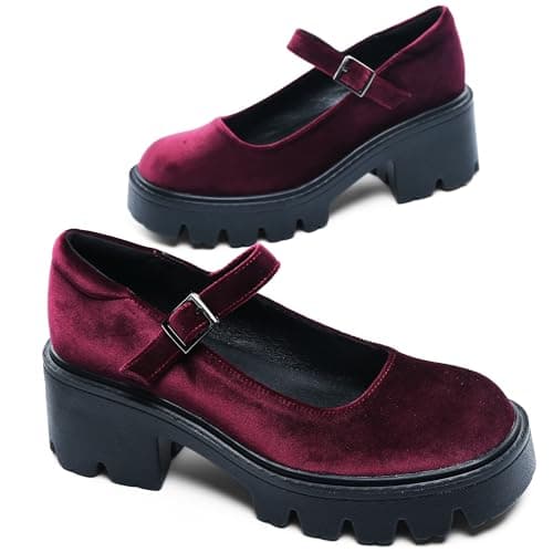 Elvora Women's Mary Jane Shoes - Platform Mary Janes for Women, Burgundy Velvet Round Toe Chunky Dress Shoes with Adjustable Ankle Strap - Thumbnail 4