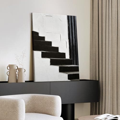 JUHOME Original Hand-Painted Abstract Canvas Wall Art – Textured Black and White Staircase Oil Painting, Modern Minimalist Wall Decor for Living Room Bedroom Office 24x36 Inch - Thumbnail 3