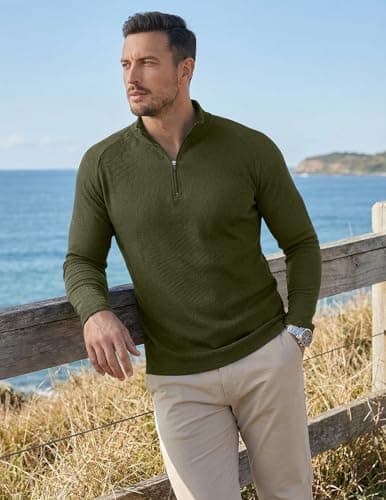 JMIERR Mens 1/4 Zip Pullover Slim Fit Ribbed Athletic Running Muscle Shirts Breathable Stretch Flexible Pullover Long Sleeve T Shirt, Small, A Jungle Green - Thumbnail 3