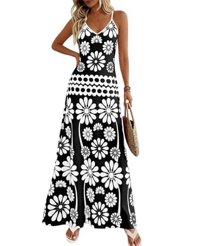 Zenlonr Womens Summer 2026 Wedding Guest Maxi Dresses Sphagetti Strap V Neck Floral Boho Long Dress Vacation(Black White Flower,X-Large) - Thumbnail 5