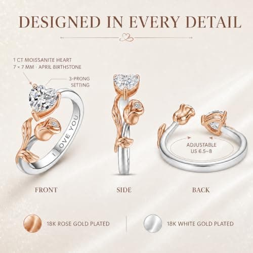 1CT Rose Heart Adjustable Ring 6.5~8 Ring Moissanite/Lab Created Ruby/Emerald And More VVS1 D Clarity 18K White/Rose Gold Gift for Wife Mother Daughter Birthday Wedding Engagement Christmas Anniversary Mothers Day Gift for Mom Bride - Thumbnail 6