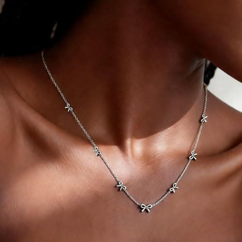 BOLAGTIER Dainty 7-Bow Necklace: 14K Gold Plated Minimalist Adjustable 17.7”+2” Stainless Steel Choker | Trendy Ribbon-Inspired Design, Simple Chain Jewelry Gift for Women (Silver) - Thumbnail 2