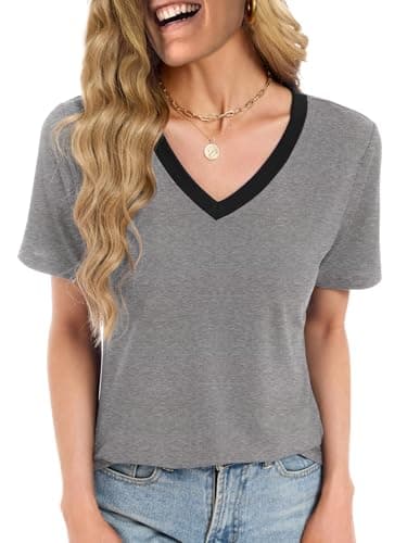 Womens Summer Tops Short Sleeve V Neck T Shirts Loose Fit Blouses Work Plus Size Tunic Vacation Boho Outfits, Grey/Black 3XL - Image 1