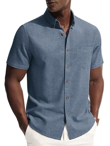 PJ PAUL JONES Linen Shirts for Men Short Sleeve Button Up Wrinkle Free Untucked Dress Shirts for Men Business Casual Shirt Slim Fit Blue - Image 1