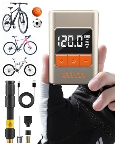 AGILIX Tiny Pump Mini Bike Tire Pump with Gauge, 120PSI Portable Electric Bicycle Air Pump, Auto Stop, Type-C Rechargeable Battery with Presta and Schrader Valves - Image 1