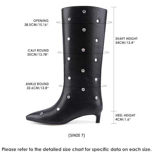 QIV Black Studded Knee High Boots Women Pointed Toe Kitten Heel Mid Wide Calf Boots with Zipper Size 6 - Thumbnail 5