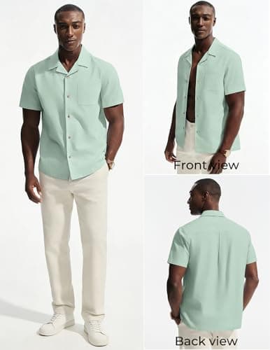 PJ PAUL JONES Mens Linen Shirt Short Sleeve Cotton Hawaiian Button Up Shirts for Men Casual Cuban Summer Beach Shirts with Pocket Light Green - Thumbnail 2