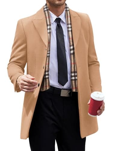Runcati Men's Pea Coat with Detachable Plaid Scarfs Fall Single Breasted Wool Blend Trench Coat Winter Overcoat - Image 1