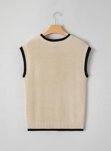 Dokotoo Tank Tops for Women 2024 Round Neck Cap Sleeve Color Block Cable Knit Sweater Vest Women Summer Tops Womens Fashion Apricot Medium - Thumbnail 5