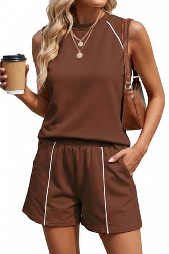 GTMRINJN Women's Summer Outfits Sleeveless Matching Set for Women Casual Two Piece Short Workout Athletic Sets 2 Piece Outfits Streetwear Set Plus Size XXL Coffee - Image 1