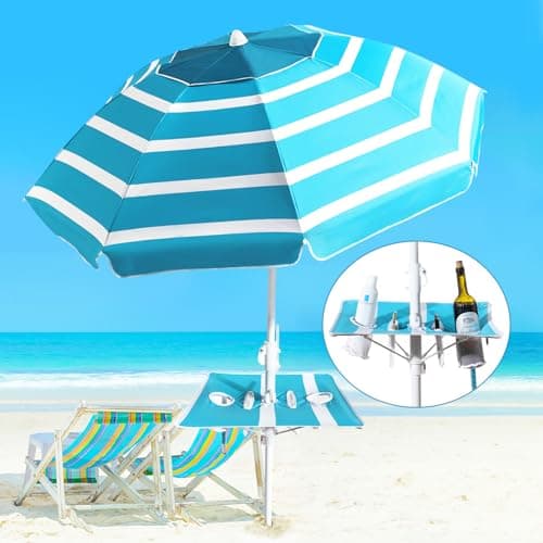 Beach Umbrella - Beach Umbrella for Sand Wind Portable with Tilt Pole, 6.56 FT Arc Length 5.9 FT Diameter, Heavy Duty Wind Resistant Striped Large Umbrellas, UV 50+ Parasol with Anchor Screw Adjustable Height and Foldable Table Board - Image 1