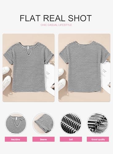 EVALESS Womens 2025 V Neck Striped Cap Short Sleeve T Shirts Fashion Trendy Spring Summer Dressy Casual Tops Loose Fitted Tee Blouses Clothes,White Stripe Large - Thumbnail 5