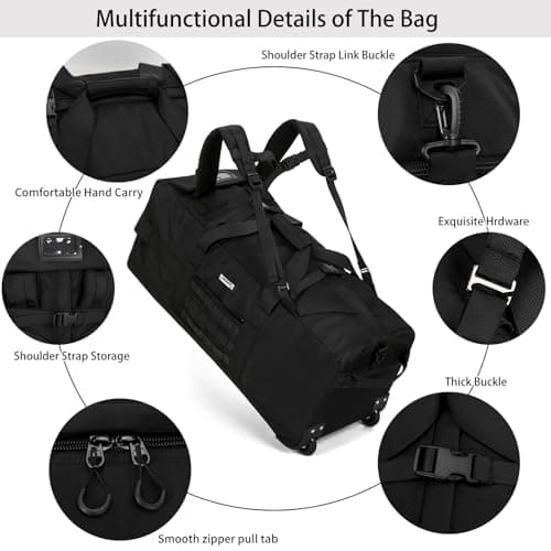 80L Waterproof Rolling Duffel Bag with Quick-Release Straps, Military Tactical Wheeled Foldable for Deployment Travel Camping Sports(Black) - Thumbnail 4