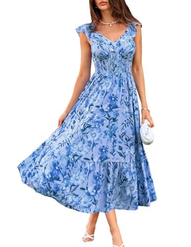 GRACE KARIN Women's Summer Floral Maxi Dress Ruffle Sleeve Smocked Sundress Flowy Wedding Guest Long Dresses Blue Floral S - Image 1
