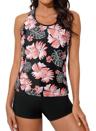 Aleumdr 2026 Womens Tankini Swimsuits Athletic 3 Piece Tummy Control Bathing Suits with Shorts Modest Tank Tops Pink Printed 20 Plus