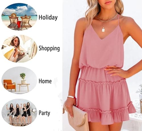 Newffr Womens V Neck Summer Mini Dress Sleeveless Ruffle Spaghetti Strap Racerback Flowy Beach Vacation Sundresses Pink - Thumbnail 4