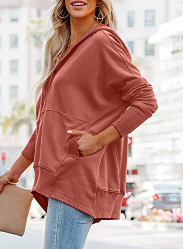 PRETTYGARDEN Womens Long Sleeve Casual Button V Neck Hoodies Oversized Pullover Sweatshirt Loose Hooded Tops with Pockets (Orange Pink,Medium) - Thumbnail 4