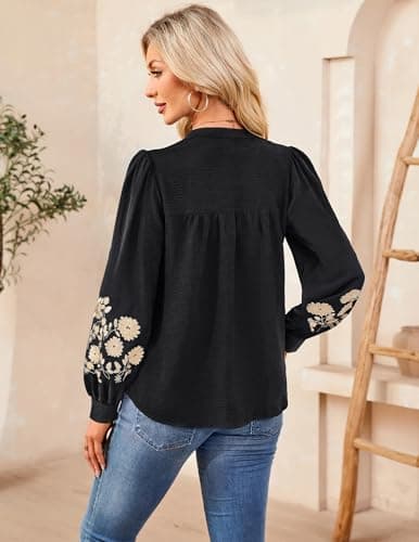 LOOKBOHO Women's Floral Embroidered V-Neck Puff Long Sleeve Casual Tops Fashion Boho Mexican Shirts Fall Blouses 2025 L - Thumbnail 3