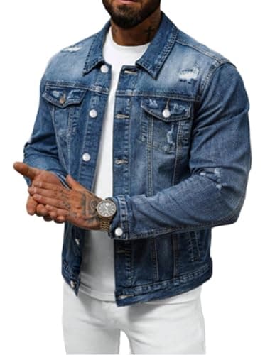 Huang's Men's Denim Jacket with Distressed Ripped Details Classic Fit Non - Stretch Fabric Cool Stylish Caual Coat (US, Alpha, 3X-Large, Regular, Regular, Y039) - Image 1