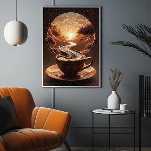 Sunset Coffee Puzzles for Adults 1000 Pieces, Fantasy River Nature Landscape Art Jigsaw Puzzle, Challenging Aesthetic Coffee Cup Puzzle for Home Wall Decor - Thumbnail 5
