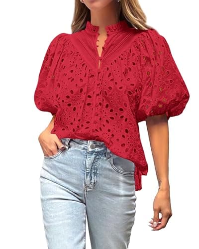 BTFBM Womens Blouses Summer Hollow Out Eyelet Embroidery Tops V Neck Buttons Puff Sleeve Boho Shirts Spring Fashion 2026(Red, Large) - Thumbnail 4
