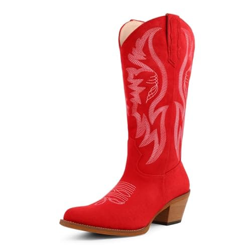 LingxiaUne Red Cowgirl Boots Mid Calf Suede Cowboy Boots for Women Pointed Toe Chunky Heel Western Boots for Dancing Party Concert Red Size 9 - Image 1