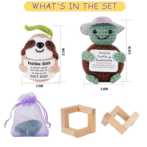 2 Pack Positive Crochet Animals Birthday Gifts for Women Men Includes Motivational Cards and a Wooden Base Cute Small Gift for Son Mom Dad Daughter Sister Friend Coworkers - Thumbnail 2