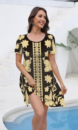 COSSEN Women's Summer 2026 Casual Tshirt Dress Black Boho Printed XX-Large Crew Neck Short Sleeve with Pockets Flowy Loose Swing A-Line Sundress - Thumbnail 5