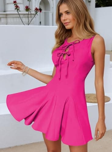 Pink Queen Bow Neck Sexy Flared Mini Dresses for Women Date Night Casual Cute A Line Empire Waist Slim Vacation Knit Short Dress Outfits Hot Pink M - Thumbnail 6