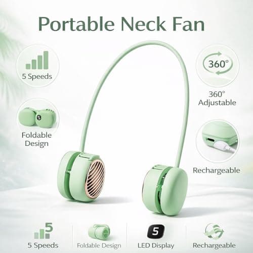 Suzii Portable Neck Fan, Hands Free Wearable Personal Fan with 5 Speeds, Rechargeable Foldable Cooling Fan, 360° Adjustable Lightweight Fan for Travel, Home, Office, Outdoor - Thumbnail 2