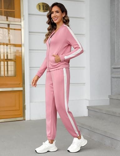 Totatuit Women's Tracksuit 2 Piece Outfits Zip Striped Sportswear Long Sleeve Jogger Suits for Women with Pockets Pink X-Large - Thumbnail 4