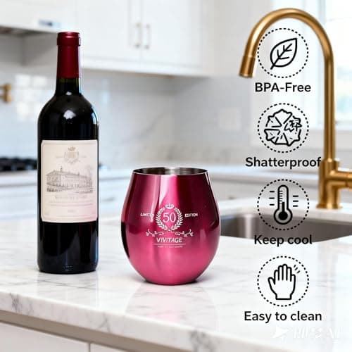 TJ 50th Birthday Gifts for Her Vintage Engraved Wine Glass - 50th Birthday Stainless Steel Stemless Wine Glass Birthday Decoration, 50 Year Old Birthday Gift for Women Men Wife Friend Sister, Hot Pink - Thumbnail 2