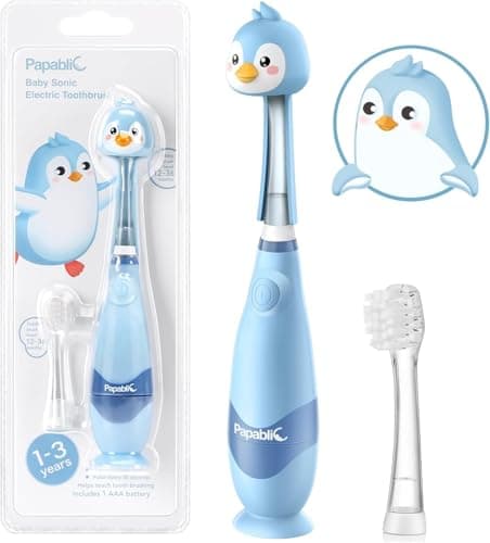 Papablic Toddler Sonic Electric Kids Toothbrush for Ages 1-3 Years, Baby Electric Toothbrush with Cute Penguin Cover and Smart LED Timer, 2 Brush Heads (Pippin)