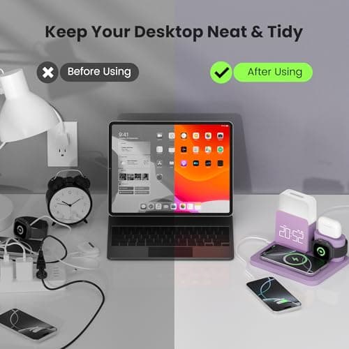 Wireless Charging Station, 7 in 1 Wireless Charger Stand with Dual Alarm Clock, Charging Dock for iPhone17/16/15/14/13/12/11/Pro/Max/Samsung Phone, Apple Watch 10/9/8/7/6/5/SE, AirPods 4/3/2 (Purple) - Thumbnail 6
