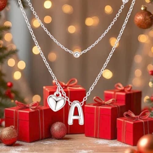 adoyi Silver Heart Initial Necklaces for Women 14k Gold Plated Layered bubble Letter Necklace Dainty Heart Q Pendant Necklace Stack Birthday Valentines Gifts for Women Jewelry - Thumbnail 6