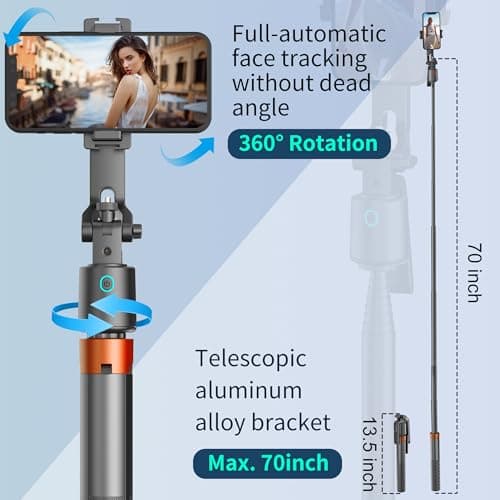 70" Auto Face Tracking Phone Tripod 360 Rotation,No App Required，Phone Tripod for w/Fill Light and Remote Control, Smart Shooting Stand for Vlog/TIK Tok Live Streaming YouTube Video Record - Thumbnail 4