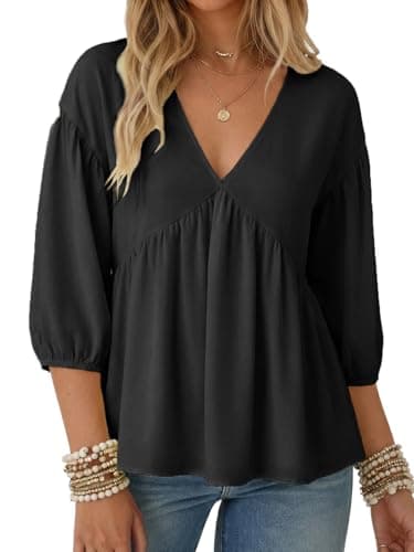 Aotasely Women's Flowy Peplum Babydoll Tops 3/4 Length Puff Sleeve Shirts Trendy Casual Loose Fit Blouse V Neck Outfits Black
