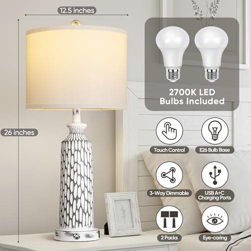 QiMH 26" Table Lamps Set of 2, Modern Bedside Lamps with USB A+C Ports, 3-Way Dimmable Touch Control & White Shade, Coastal White Gray Nightstand Lamp for Living Room Bedroom, Included 2700K LED Bulbs - Thumbnail 4