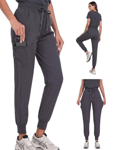 VECARDI Women's Scrub Jogger Pants High Waisted Stretch Nurse Work Bottoms 5 Pockets Elastic Waist Slim Fit Grey - Image 1