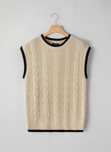 Dokotoo Tank Tops for Women 2024 Round Neck Cap Sleeve Color Block Cable Knit Sweater Vest Women Summer Tops Womens Fashion Apricot Medium - Thumbnail 4