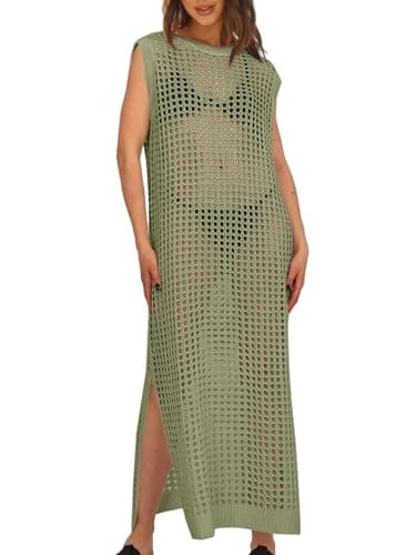 Saodimallsu Womens Crochet Swimsuit Coverup Summer Sleeveless Hollow Out Knit Crewneck Side Split Long Beach Dress Green - Image 1
