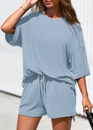 KIRUNDO 2 Piece Sets for Women Summer Lounge Sets Casual Oversized Tshirts Shorts Matching Airport Travel Outfits Postpartum(Light Blue, Medium) - Thumbnail 4
