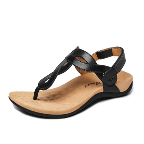 Athlefit Womens Black Orthopedic Arch Support Sandals Casual Summer Walking Adjustable Thong Sandals for Women Size 6 - Image 1
