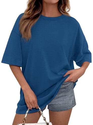 PRETTYGARDEN Womens 2026 Spring Going Out Tops Casual Short Sleeve Crewneck Loose Fit Basic Oversized T Shirts Summer Outfits (Blue,Large)
