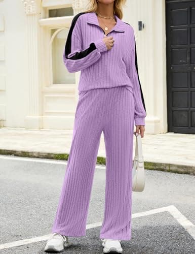 JUSTFASHIONNOW Womens Sweatsuits 2 Piece Set Two Piece Travel Outfits Half Zip Sweatsuits Long Sleeve Sweatshirt Wide Leg Pants Soft Lounge Sets Winter Tracksuit (Purple, Large) - Thumbnail 3
