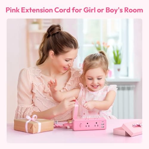 NTONPOWER Pink Extension Cord 10 ft, 1080 Joules Surge Protector Power Strip with 6 Widely Outlets 3 USB (1 USB C), Flat Plug Extension Cord Power Strip Long Cord for Home Office Dorm Room Essentials - Thumbnail 2