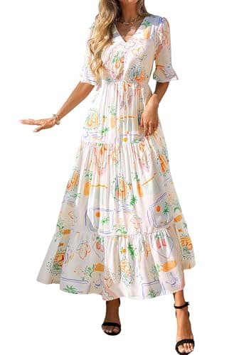 BTFBM Womens Summer Dresses 2026 Spring Casual Short Sleeve v Neck Boho Floral Flowy A-Line Tiered Maxi Dress Pockets(Floral White Multi, Medium) - Thumbnail 4