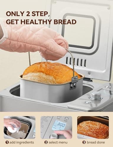 Neretva Bread Maker, 20-IN-1 2LB Bread Machine Dual Heater Bread Maker Machine Automatic with Nonstick Ceramic Pan, 15H Timer & 1H Keep Warm Set, Low Noise, Stainless Steel Breadmaker Recipe-Silver - Thumbnail 4